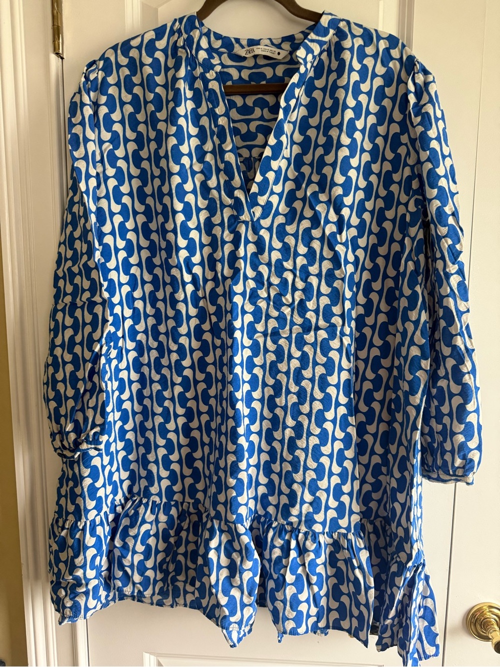 Zara Made in Turkey Long-sleeve Blue & White Abstract Print Tunic, XL, EUC